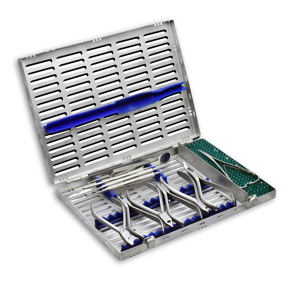 Specialized orthodontic tools including pliers and wire cutters